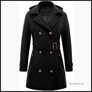 Women's Wool Blend Trench Coat Hooded Pea Coat Winter Formal